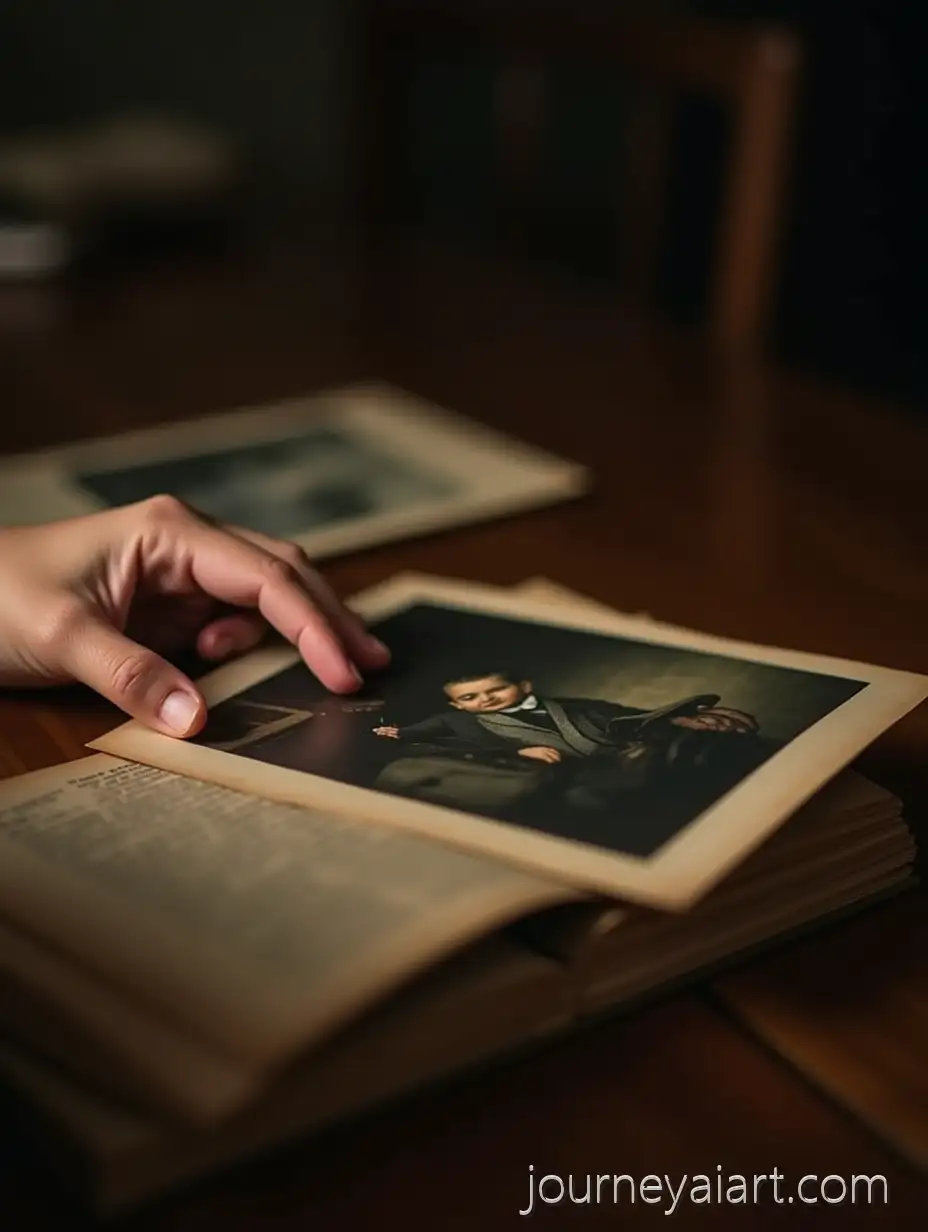 Closeup-of-Hand-Gently-TouchAI-Art-Prompt-Expansioning-an-Old-Photograph-on-Wooden-Table-with-Soft-Lighting