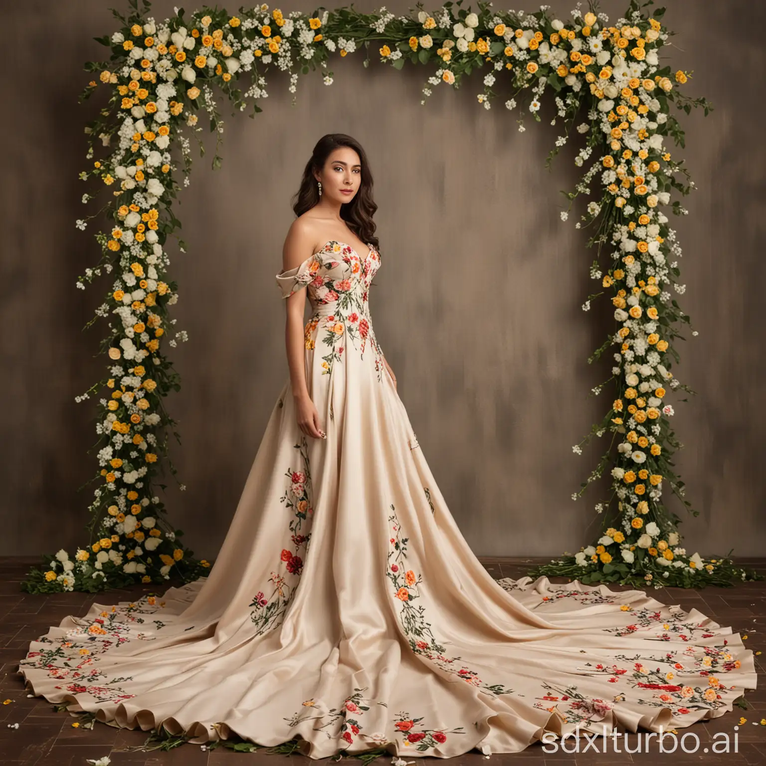 pikaso texttoimage lady wearing long tale gown made with flowers eleg studio backdrop