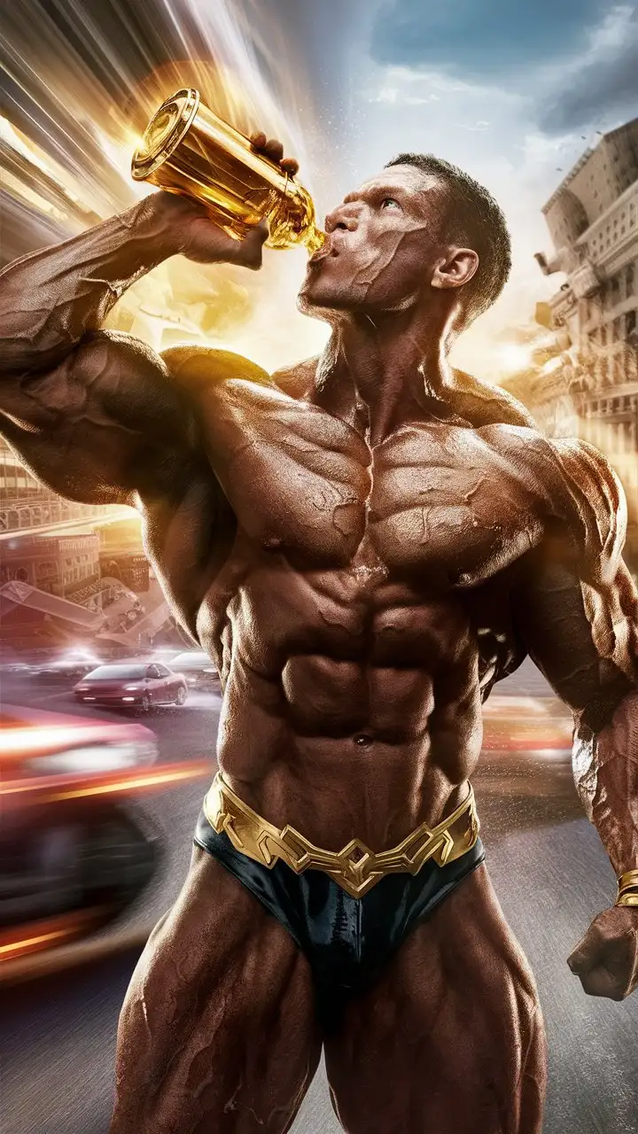 Powerfully muscled, hugely ripped, pumped bodybuilder drinks ambrosia, transforms into a superpowered hero.