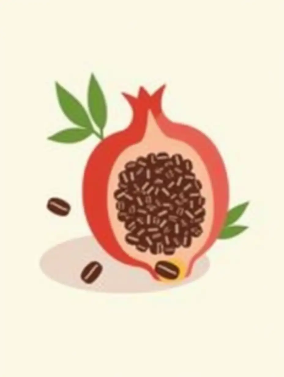 A minimalist illustration of a pomegranate with its seeds replaced by coffee beans. The pomegranate is cut in half, clearly showing the coffee bean-shaped seeds inside. The design is clean and modern, with a few green leaves surrounding the pomegranate for contrast. The background is plain and light, emphasizing the artistic and minimalistic style of the composition