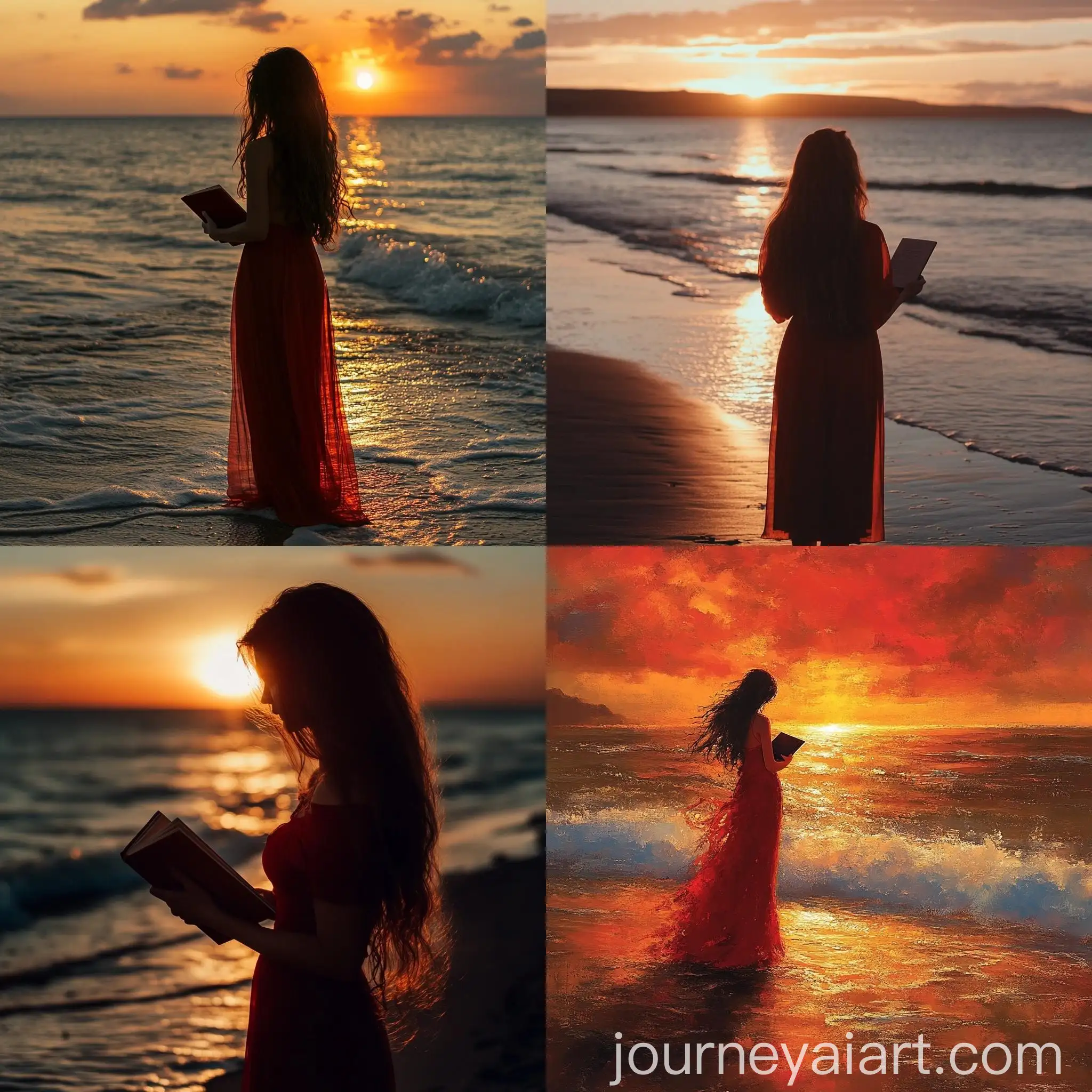 Girl-Standing-on-Seashore-at-Sunset-with-Book