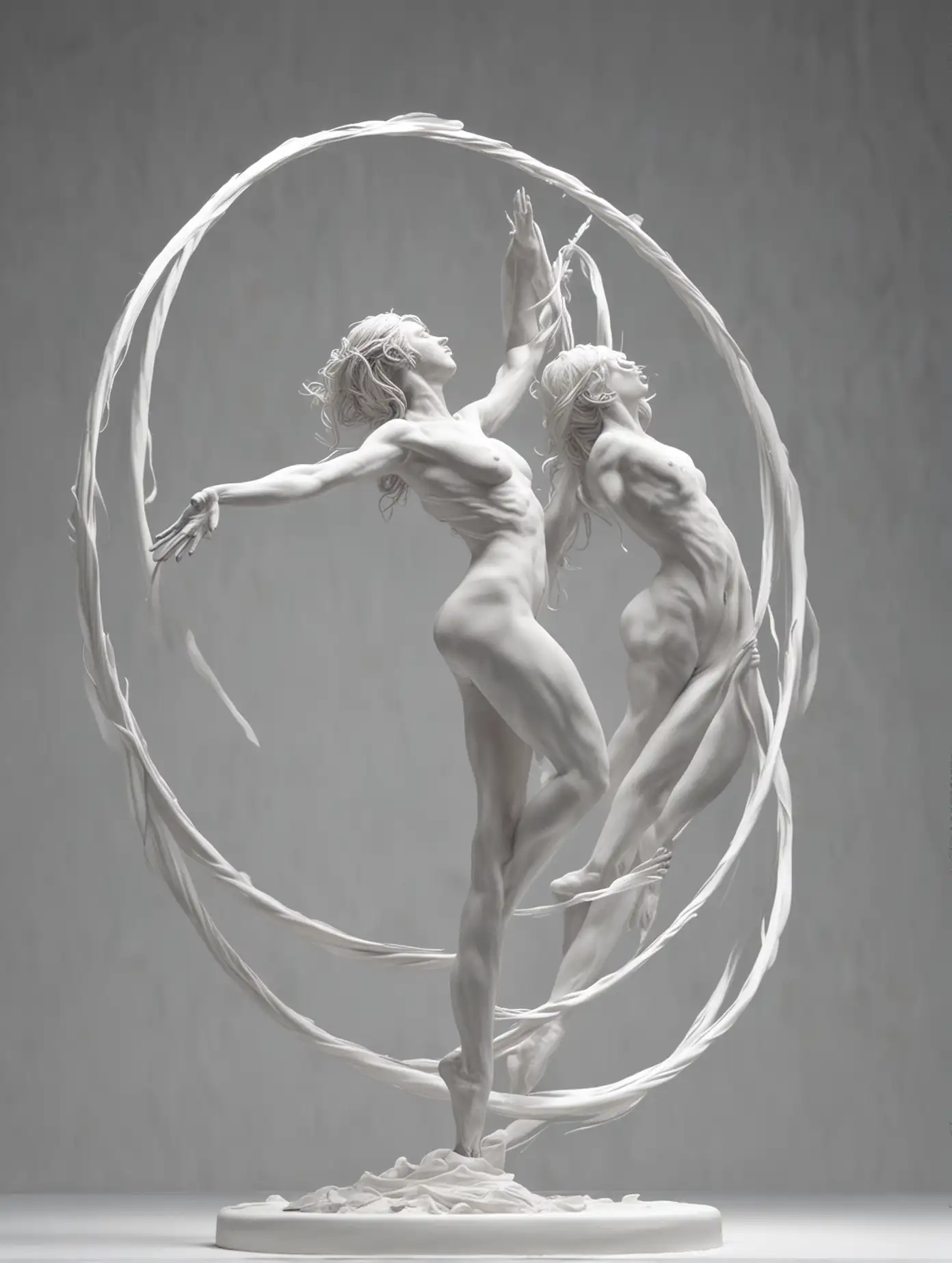 Hyperrealistic White Statue of Flying Naked Aerial Hoop Dancers Touching Each Other