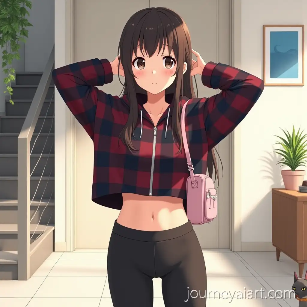 Confident-Young-WomanConfident-woman-in-modern-room-in-Cozy-Modern-Interior-with-Checkered-Hoodie-and-Crossbody-Bag