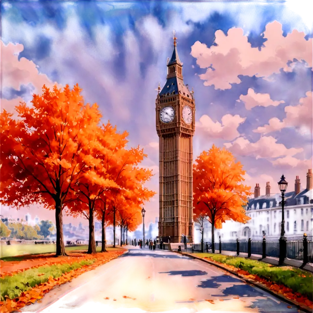 a beautiful painting of the london clock tower in autumn