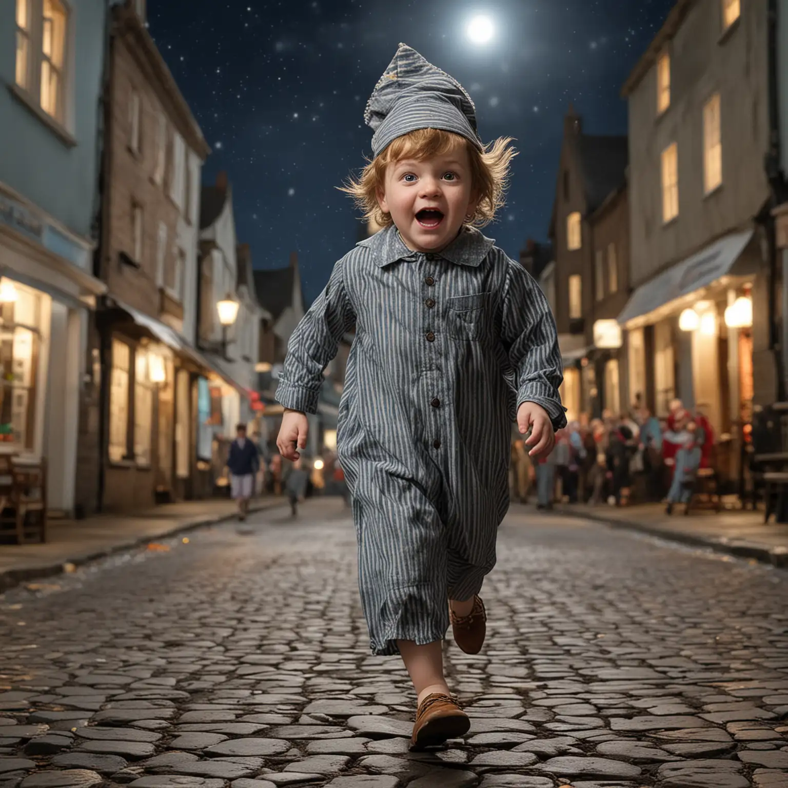 Vintage Wee Willie Winkie Running Through Town at Night in Night Dress