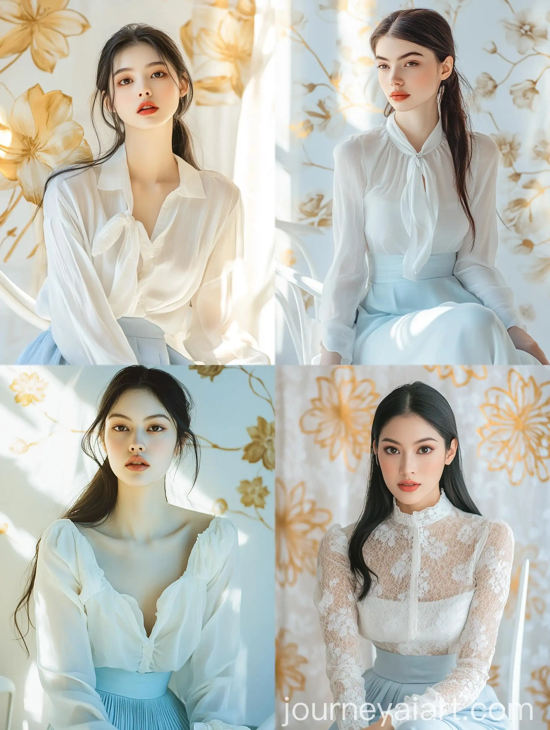 Young-Woman-in-Elegant-White-and-Blue-Outfit-Sitting-on-Modern-Chair