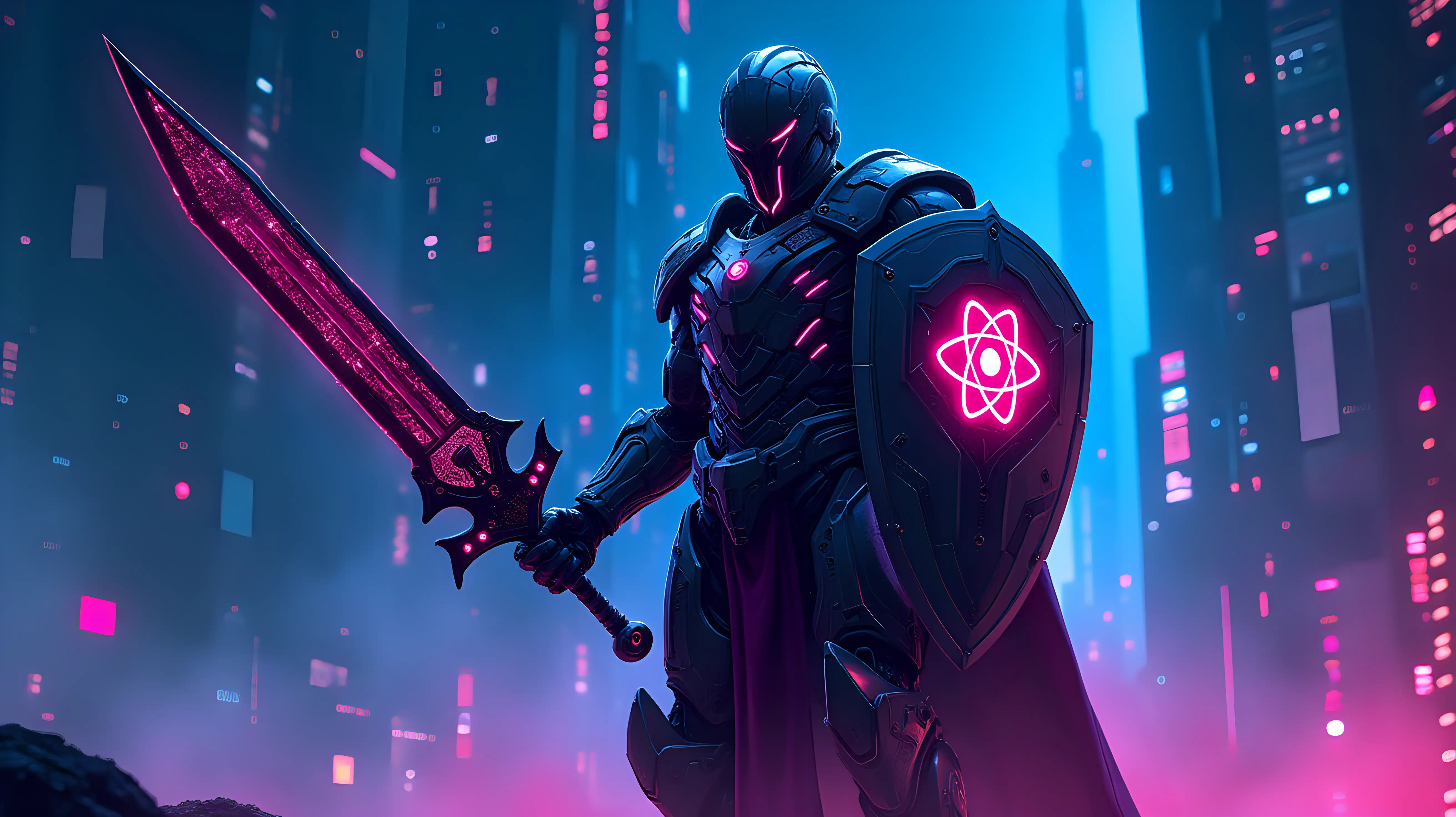 A cyber knight, heavily armored humanoid with sleek futuristic metal plating and glowing neon accents, standing in a defensive but threatening stance, holding a large high-tech shield on one arm featuring a correctly oriented glowing atomic symbol, wielding an impressive, futuristic sword with intricate glowing patterns and a high-tech blade design in the other hand, set in a vast digital landscape filled with neon circuitry patterns and glowing blockchain connections, vibrant hues of electric blue, neon pink, and deep indigo, dark sci-fi atmosphere, highly detailed, digital illustration