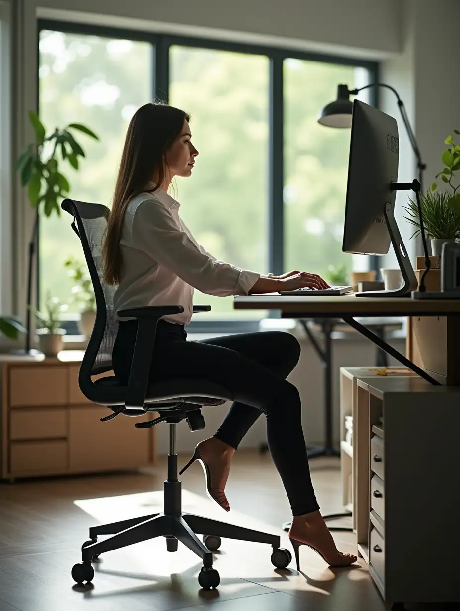 A highly detailed and expressive depiction of a beautiful white woman (age 35-44) in professional attire, gently raising one leg under her ergonomic desk while working intently on her computer, her surroundings characterized by modern office aesthetics and natural lighting that emphasizes the clarity of her features and the serenity of her posture], [The leg is positioned with precision, muscles slightly tensed, while her other leg remains firmly grounded, her poised body language suggesting both physical and mental engagement], [The scene is set in a spacious, airy office with contemporary furniture, large windows offering a view of lush greenery outside, and a hint of sunlight streaming in, casting soft shadows], [The atmosphere is tranquil yet focused, the natural light and modern decor blending to create a harmonious environment that encourages productivity and well-being], [Rendered in ultra-realistic style, the image features sharp focus on the subject with a shallow depth of field, highlighting the textures and subtle details], [Captured with a Nikon Z9, using an 85mm f/1.4 lens, the camera settings are optimized for capturing intricate details and the subtle play of light and shadow, adding depth and realism], [Negative prompt: Harsh lighting, exaggerated poses, cluttered background, poor resolution, unnatural expressions, lack of detail, missing limbs, out-of-focus elements, dark and moody setting, chaotic scene, unrealistic proportions, low contrast, dull colors, outdated decor, awkward body language].