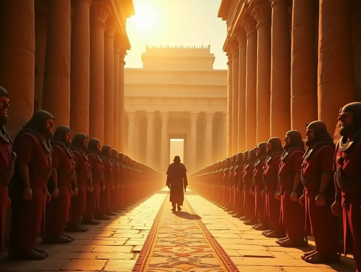 Moses came to Pharaoh's palace. After Pharaoh refused, Moses prayed to God. The background captures a majestic palace view with towering columns, thrones and two rows of standing ancient Egyptian soldiers, creating a strong cinematic atmosphere. Eye-catching lens flares give a sense of movement and power