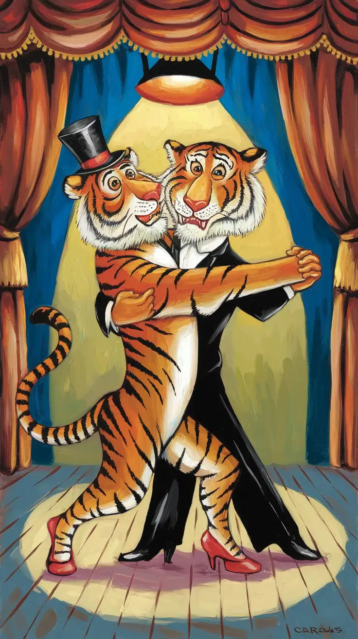 Two-Tigers-Tangoing-in-a-Humorous-Oil-Painting-with-Playful-Details