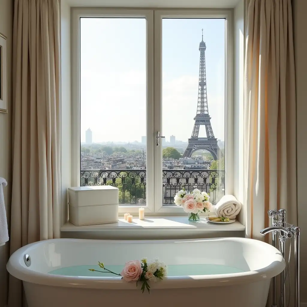 Elegant-Bathroom-with-Eiffel-Tower-View-and-FlowerFilled-Bathtub