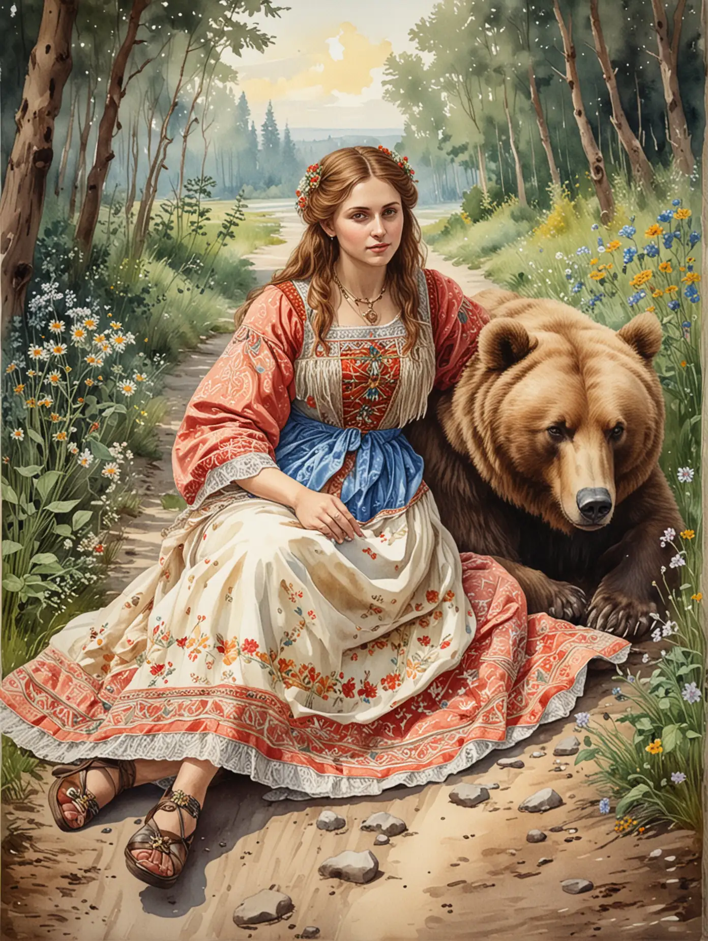 Russian-Woman-in-19th-Century-Sarafan-Taming-a-Bear-on-a-Path-in-Tarot-Card-Art-Style