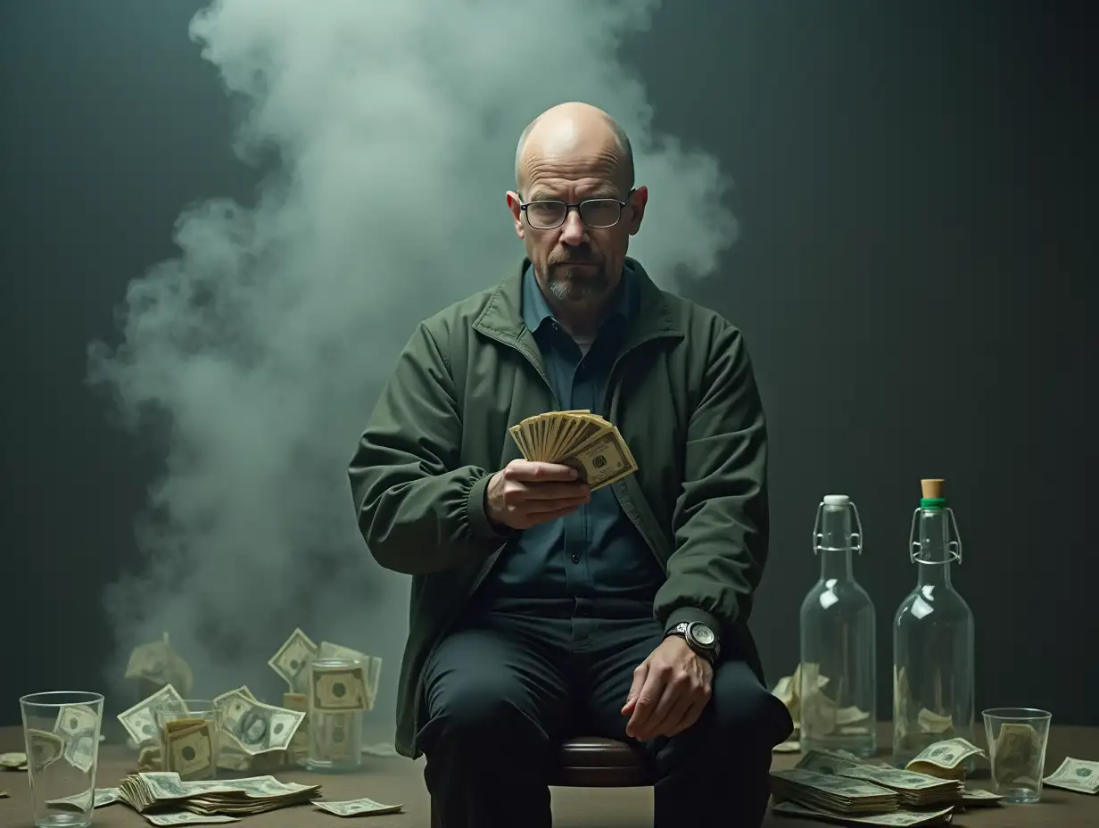 the main character from breaking bad in glasses on a gray background with light swirling smoke and he sits with a pack of dollars in his hand sitting on a stool on the right side of the picture around him piles of dollar bills and various glass cups, bubbles, bottles