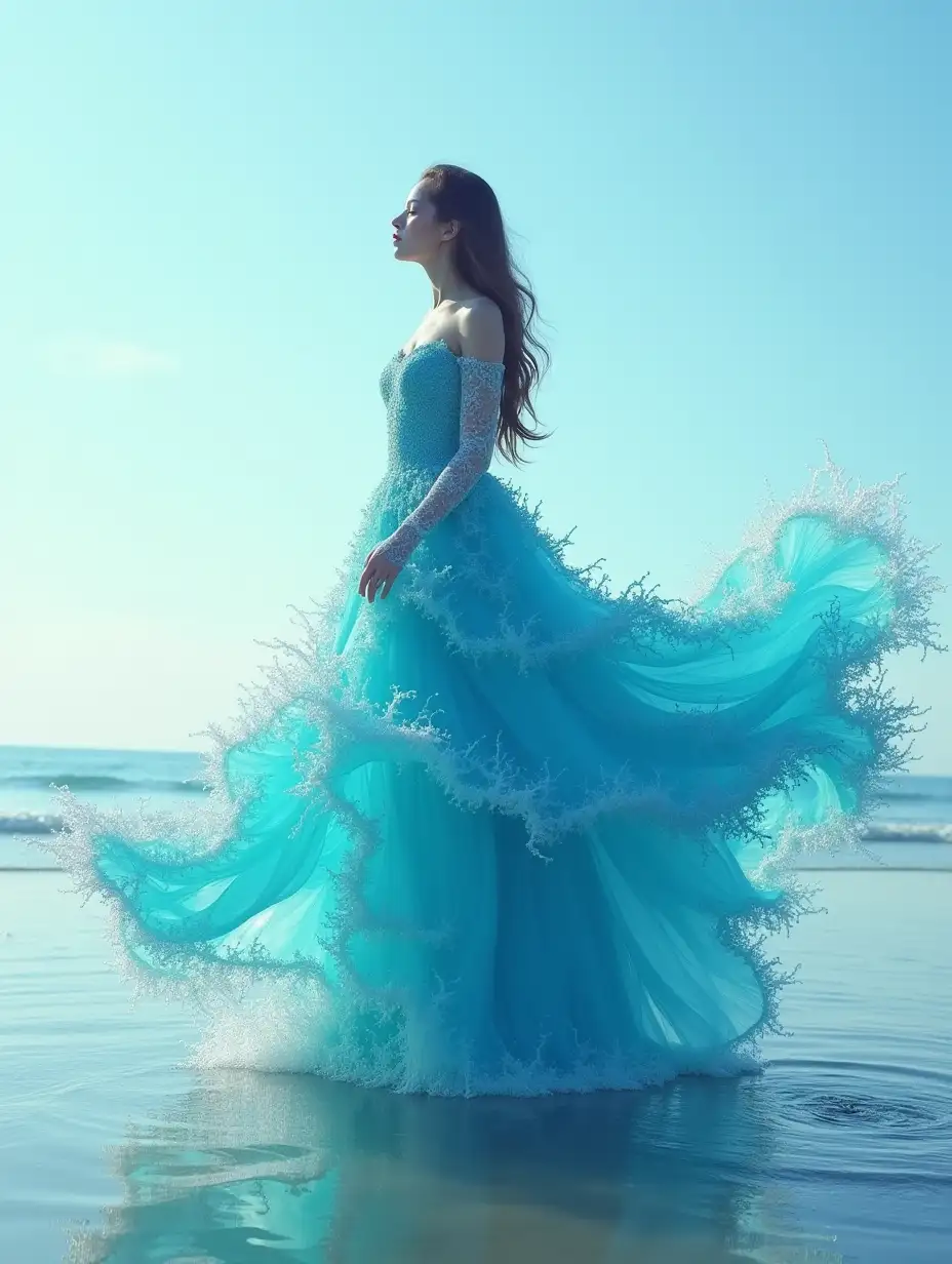 A stunning and surreal image of a girl wearing an intricate aqua dress made entirely of water waves, creating a mesmerizing and visually striking effect. The girl is shown in a graceful pose on the seashore, and the water appears to flow out in a dramatic fan-like shape. This image can be created using the following vector: Woman in an elaborate aqua dress made entirely of water waves, by Dmitry Kostanovich, Photoshop, Felicia Semyon, UHD image, Ekaterina Panikanova, Shiny and sparkling, HDR, Dynamic mode, 32kb, Sharp focus, Illustration. by Sasan.