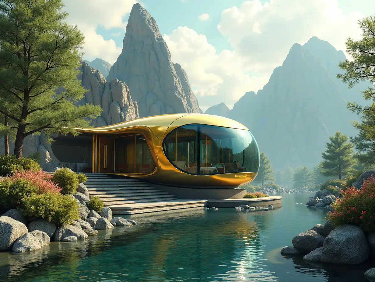 Create a high-resolution realistic image in 4k resolution a futuristic gold with black building with curved pillars, mountains large trees, rocks flowers a futuristic green vehicle with glass window cloudy sky