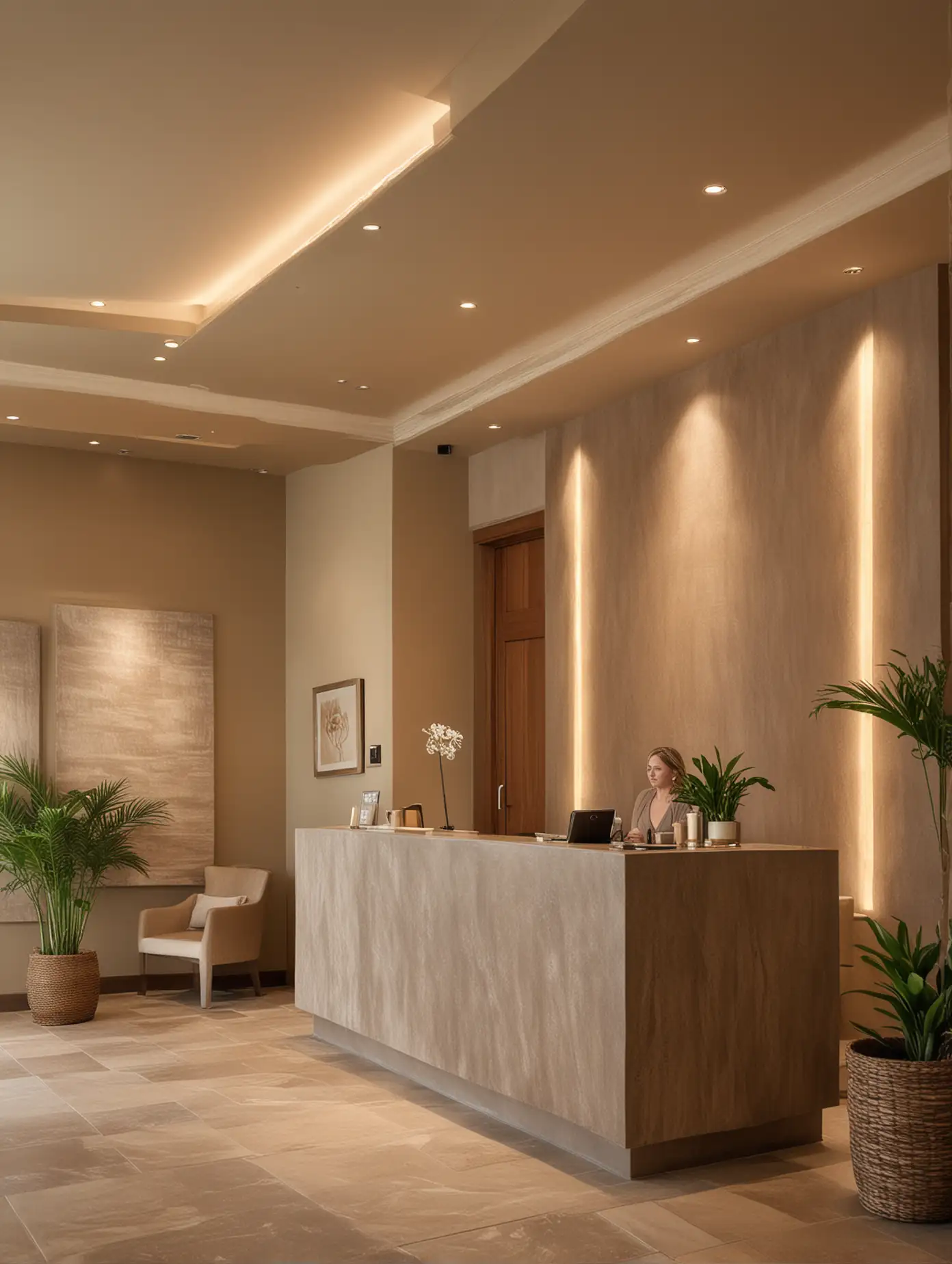 A view of the front desk lobby of a resort spa  embodying sustainable beauty practices.  Warmth and ambiance. Soft lighting highlights textures and colors, creating a serene atmosphere for self-care moments. Taupe color