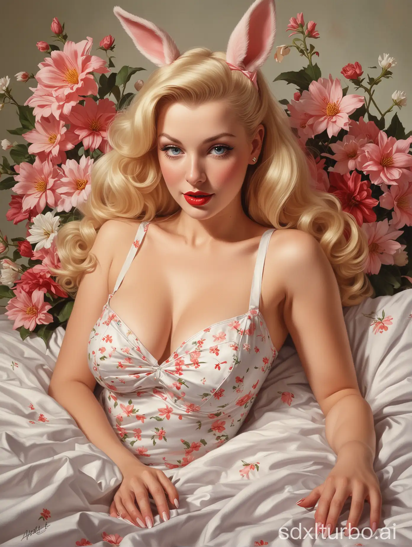 a painting of a woman dressed scantily , pin up style poster, painted by al buell, trademarks and symbols, girl in a bed of flowers, sexy girl with long blonde hair, ultrarealistic sweet bunny girl, 💋 💄 👠 👗, front page, cheeky devil, beautiful plans, petals, effervescent gil elvgren style, painted by al buell, artgerm, inspired by Gil Elvgren, by Joyce Ballantyne Brand, pinup art, by Alberto Vargas, pin-up poster girl, gill elvgren, vintage pin up, pin - up girl