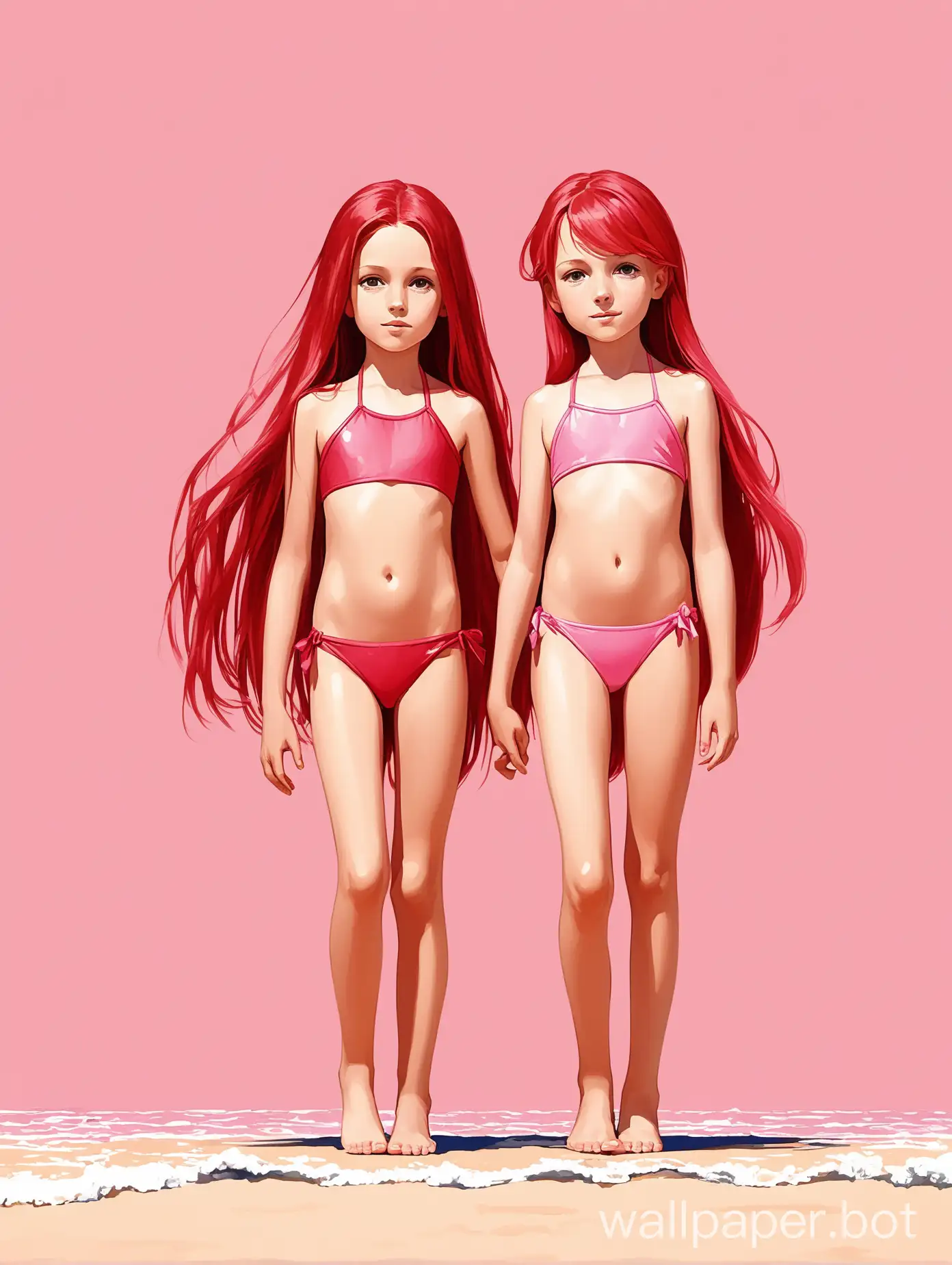 Two-10YearOld-Girls-in-Pink-Swimwear-with-Long-Red-Hair-on-Tropical-Beach