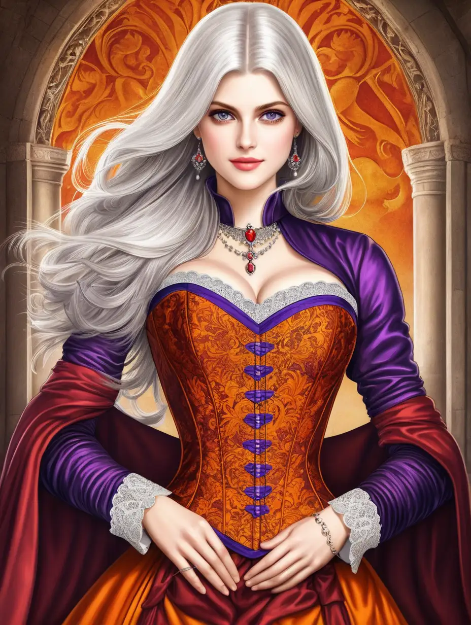 Valyrian princess Alexandra Daddario, beautiful young girl, playful glance, cheerful smile, beautiful figure, platinum-white hair, purple eyes, orange-red medieval dress with corset, golden jewelry, medieval, dark fantasy, symmetry, comic style, drawing, bright colors, portrait