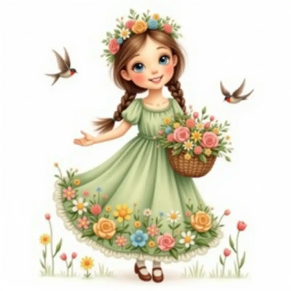 A young girl with a light complexion and long, brown braided hair adorned with a flower crown. Her expressive, large blue eyes gaze gently forward, and her smile radiates happiness. She wears a light, sage green, full-length princess-style dress that is lavishly decorated with a multitude of flowers; tulips, roses, daffodils, daisies, and various blossoms. The colors are vibrant and cheerful; the dress's fabric appears smooth and flowing. She holds a basket brimming with various spring flowers. Two birds, a swallow, are visible on each side of her. The background is pure white, emphasizing the girl and the floral embellishments. The overall style is classic children's illustration.