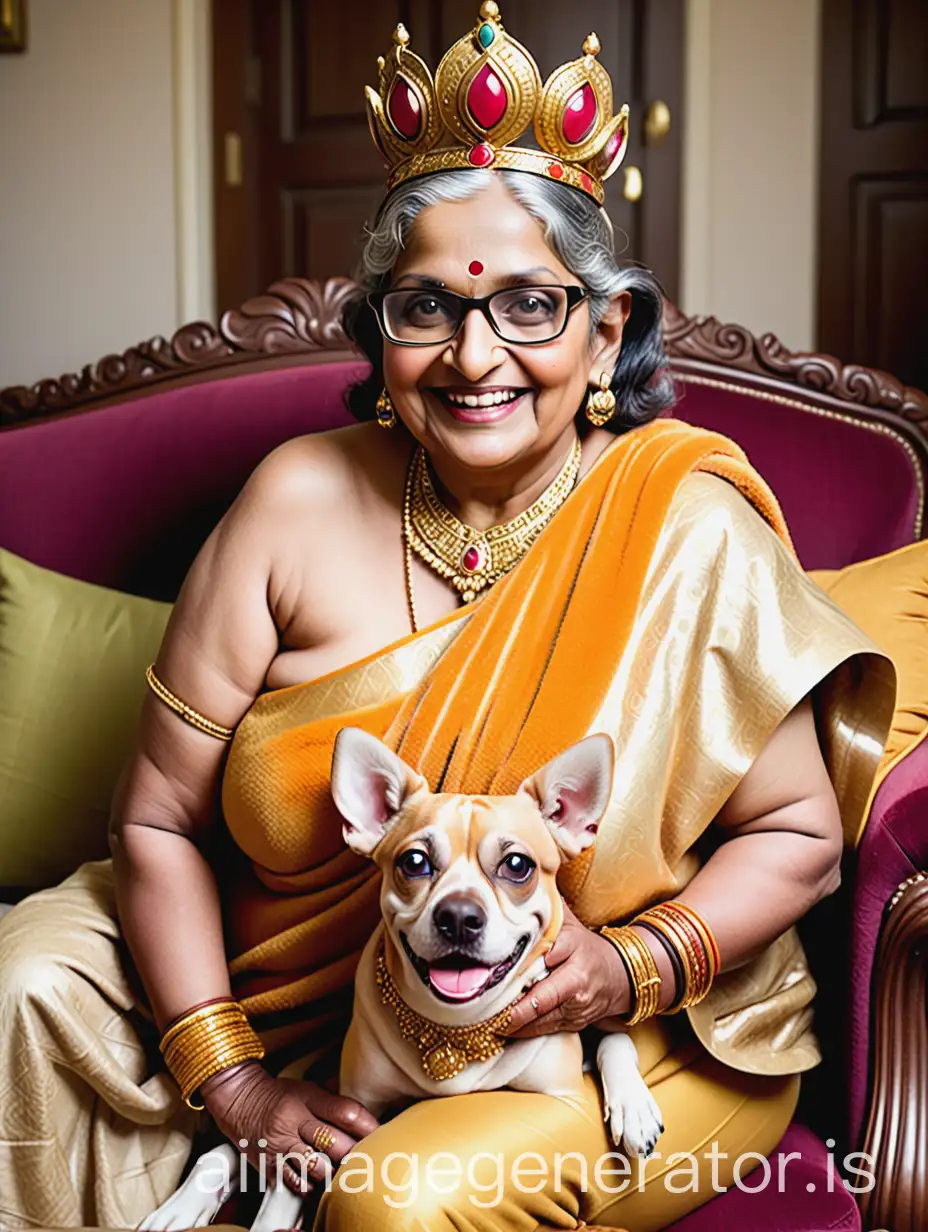 an Indian fat curvy attractive mature woman having age 89 year old with Indian mythological queen costume sitting on a royal sofa in a royal palace, she is happy and smiling wearing a spectacles, wearing gold ornaments, gold ear rings, gold bangles, lipsticks in lips, holding a big gift box, wearing only a flower print bath towel and an old dog is sitting with her