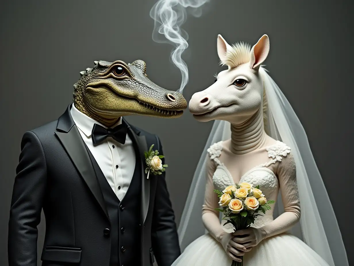 Anthropomorphic couple: Groom – Crocodile in a smoking with boutonniere, Bride – white zebra in wedding dress with bouquet. Grey background, Bokeh effect. Hyperrealism, maximum detail accuracy