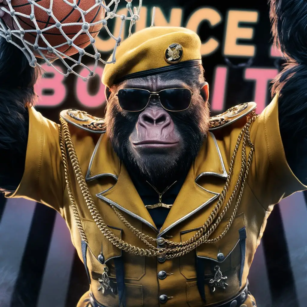 Gorilla Dunking Basketball in Yellow Military Attire with Neon BOUNCE IT Text