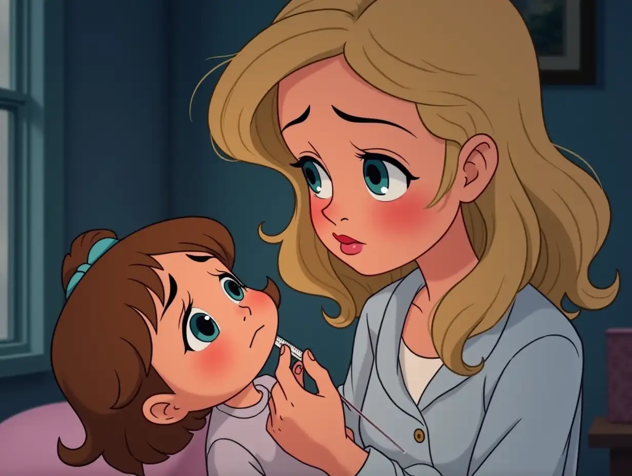 a girl with light hair is holding a sick doll in her hands, measuring its temperature. the girl has a sad expression on her face. in the style of Disney