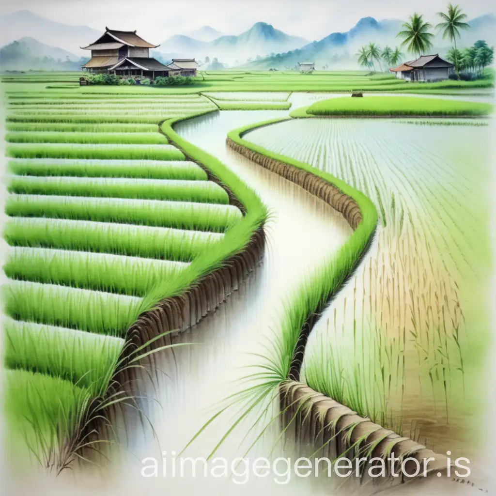 Rural-Landscape-with-Sparse-Rice-Fields-and-Water-in-Watercolor-Brush-Style