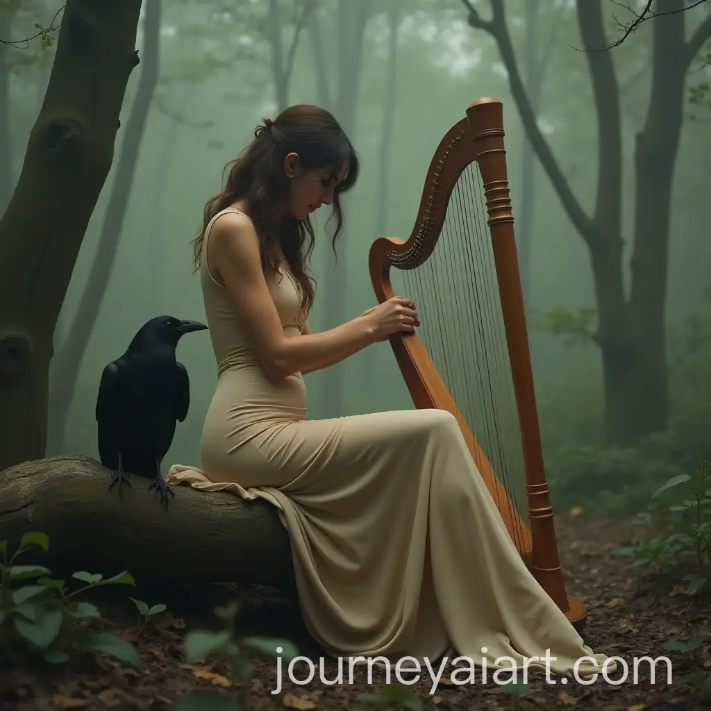 Beautiful-Woman-in-SandColored-Bodysuit-Playing-Harp-in-Misty-Forest-with-Crows