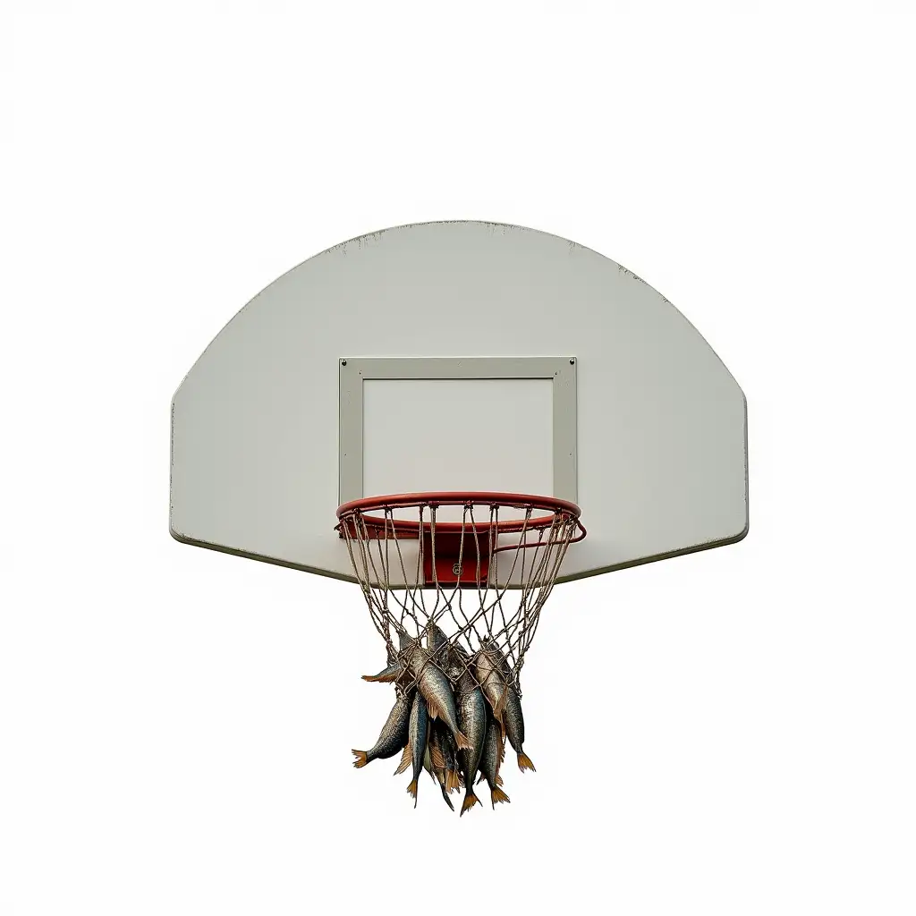 A surreal basketball hoop attached to a standard basketball backboard. Instead of a traditional net, a fully closed fishnet is securely fastened to the hoop, packed tightly with fish. The fishnet bulges from the weight, with various fish visibly pressing against the net’s surface. The fish appear fresh and lifelike, with detailed scales and fins. The basketball hoop and backboard remain unchanged. The background is pure white, emphasizing the surreal transformation of the basketball net into a closed fishnet filled with fish.