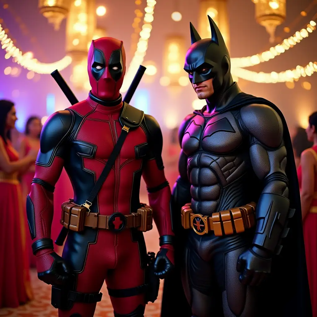 Deadpool and Batman standing together at a vibrant Egyptian wedding celebration. The scene is filled with colorful lights, golden chandeliers, and decorative string lights hanging above. The atmosphere is lively with guests in traditional Egyptian attire dancing and celebrating. Deadpool, in his signature red and black suit, stands confidently with a playful pose, while Batman, in his dark armored suit and cape, maintains a serious stance beside him. The reflections of bright neon and golden lights shimmer on their costumes, blending the mix of modern superhero presence with the rich cultural setting of an Egyptian wedding.