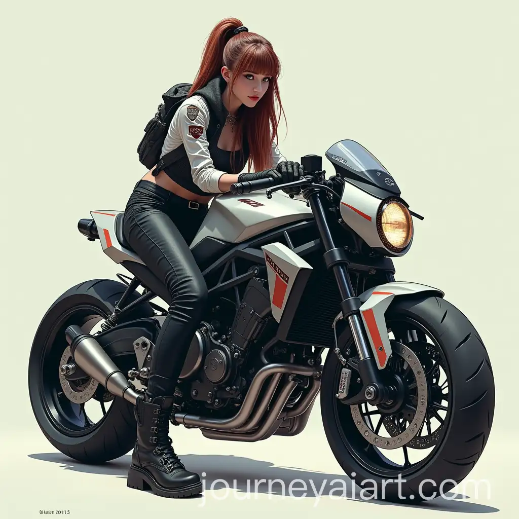 Cyberpunk-Girl-Leaning-Over-Futuristic-Motorbike-in-Sleek-Urban-Setting