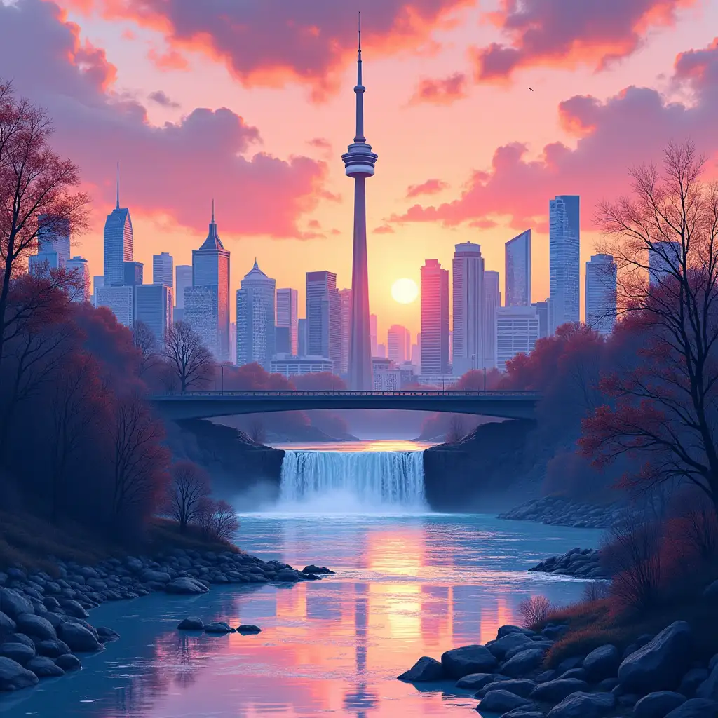 Toronto Movie Studios Waterfall at Peach Colored Dawn in Pop Art Style