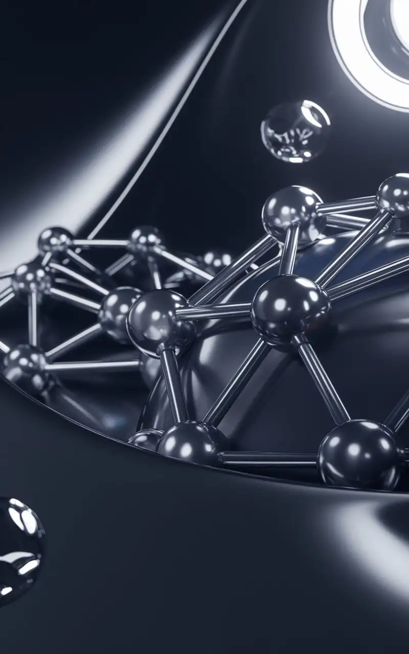 Design a sleek, high-tech background with a smooth gradient transitioning from deep black to a subtle patent gray. In the foreground, feature a series of 3D interlocking nodes, resembling a futuristic network, with crisp, high-definition details. These nodes should not resemble atoms but should convey intricate connections, with some of them partially offset along the edges of the image, giving a sense of depth and structure. The nodes should have a gradient of blue and grayish tones, with metallic textures to enhance the tech-like aesthetic. Additionally, include a few floating, disconnected blobs near the nodes, some partially visible at the corners and edges. A large, close-up node should dominate the foreground, detailed with complex connections and illuminated by soft, focused studio lighting from the top-right corner, casting slight reflections and shadows to emphasize the dimensionality. The overall design should be clean, futuristic, but not too abstract or overwhelming, with a sleek and polished feel."