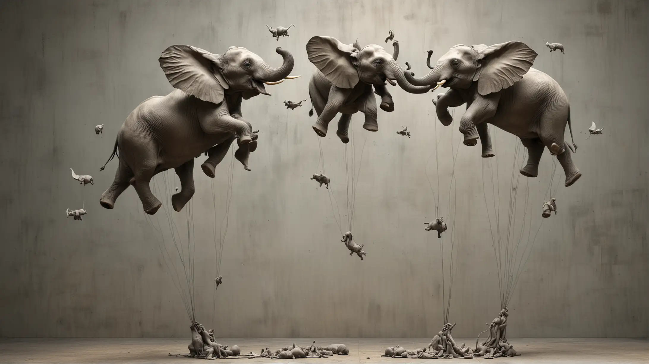 Conceptual Art Sculpture Flying Group of Elephants