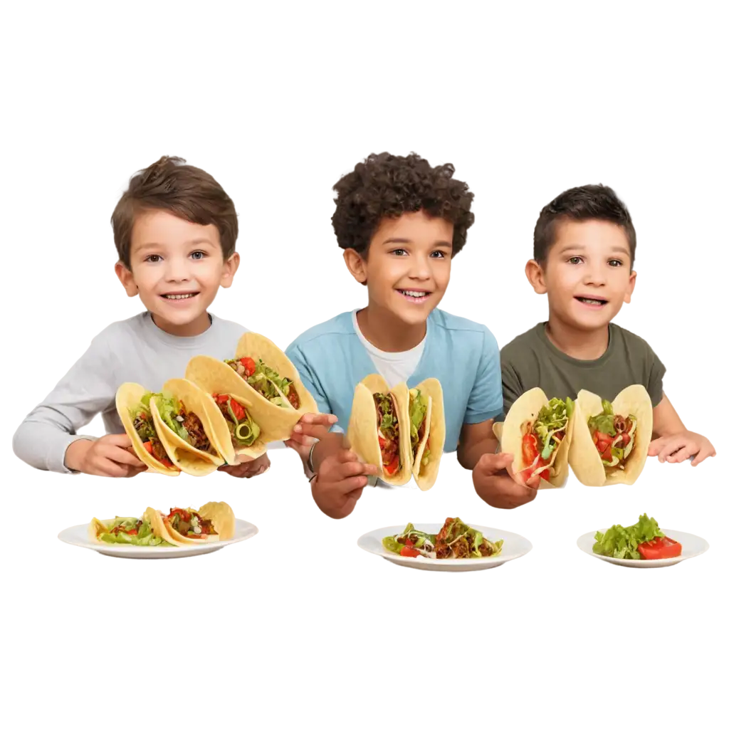 Children at a party eating tacos with fun music, games animation