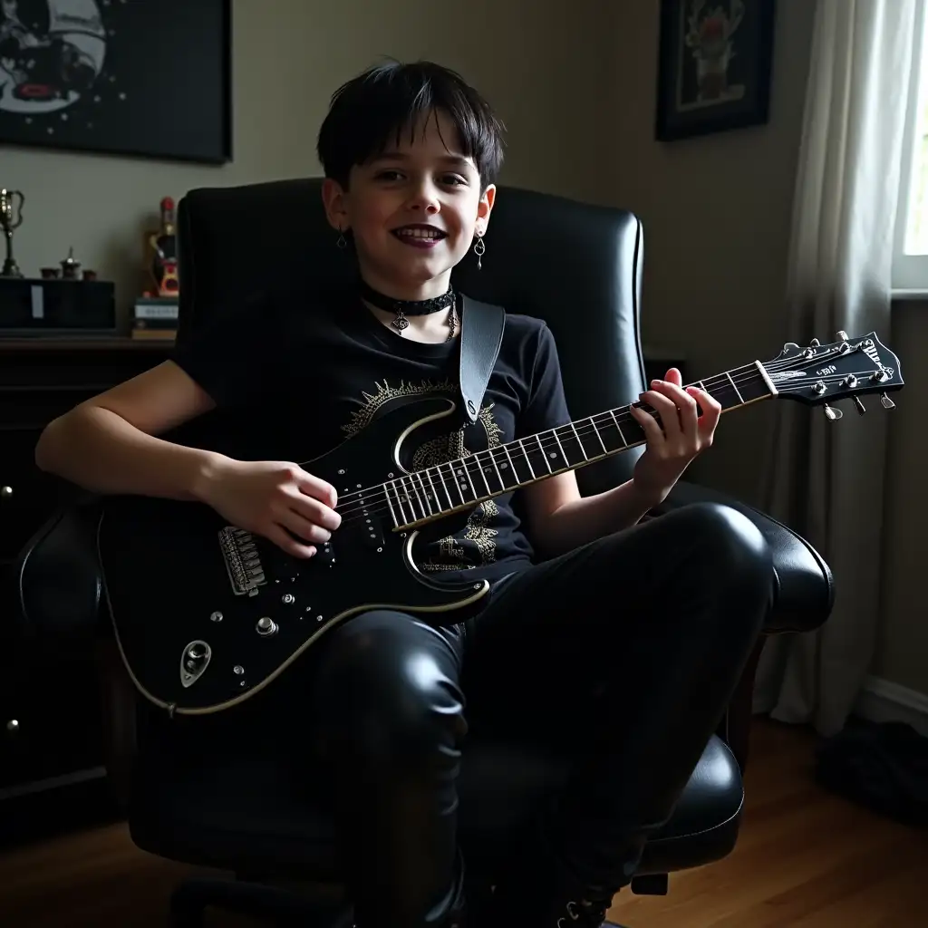 Gothic-Teen-Playing-Electric-Guitar-in-Bedroom