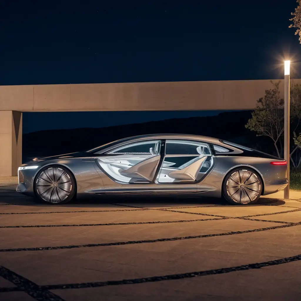 "A futuristic Mercedes Maybach sedan, completely reimagined as a new generation model, is parked in an upscale parking area at night. The car has a sleek silver body, with a long yet proportionate design that exudes modern luxury. The sedan features large, intricate wheels and a smooth, aerodynamic profile with seamless curves and clean lines. Through the clear windows, a meticulously detailed white interior is visible, emphasizing the high-end craftsmanship. The car's design is entirely fresh, with no resemblance to current models, maintaining perfect symmetry and realistic proportions. The scene is lit by a single lamppost, casting a warm, soft light that highlights the car’s sophisticated design. The backdrop is a minimalist architectural structure, blending modern aesthetics with nature."