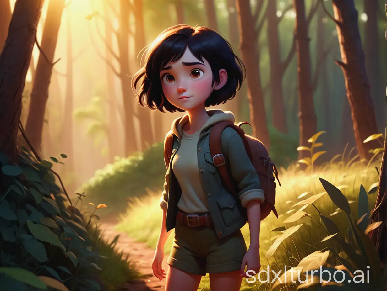 girl with short dark hair adventurer pixar style warm light nature whole body