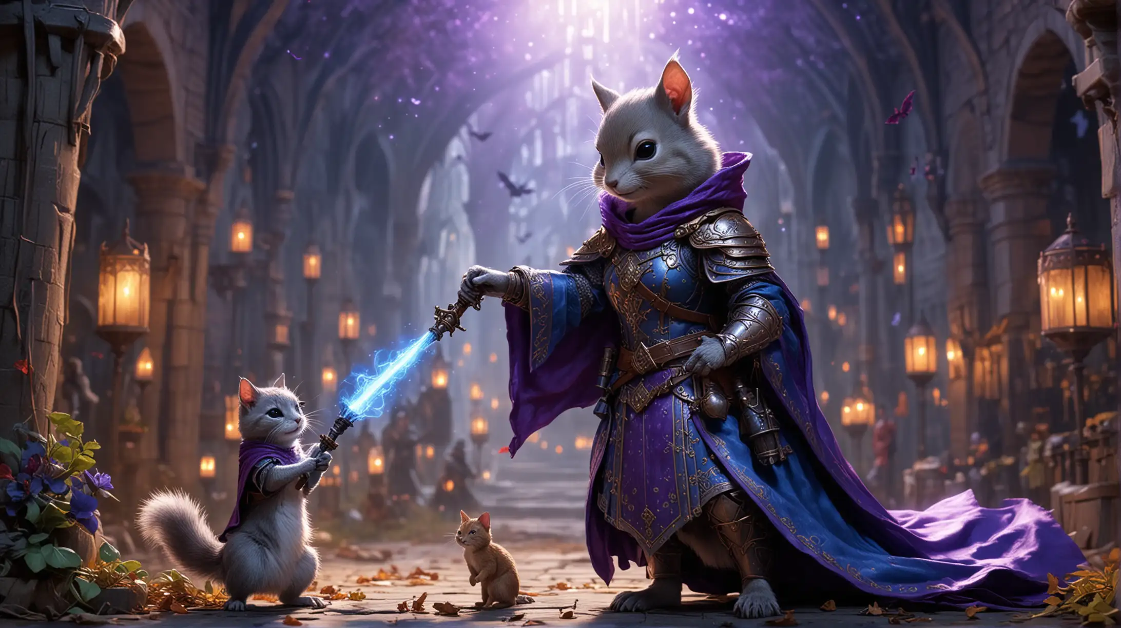 Medieval Squirrel Knight and Cat Mage Casting a Spell