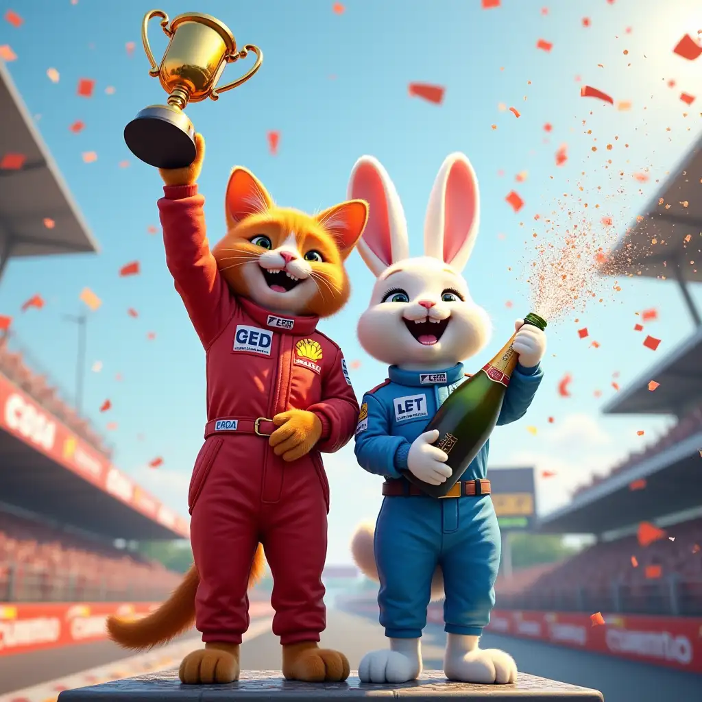 A hyperrealistic scene of an orange cat in a red racing suit and a white female rabbit in a blue racing suit standing on the podium, celebrating after the race. The cat is holding a trophy high above his head while the rabbit sprays champagne with a big smile. The confetti falls around them as photographers capture the moment. The background shows the racetrack and sponsor banners, completing the victorious scene