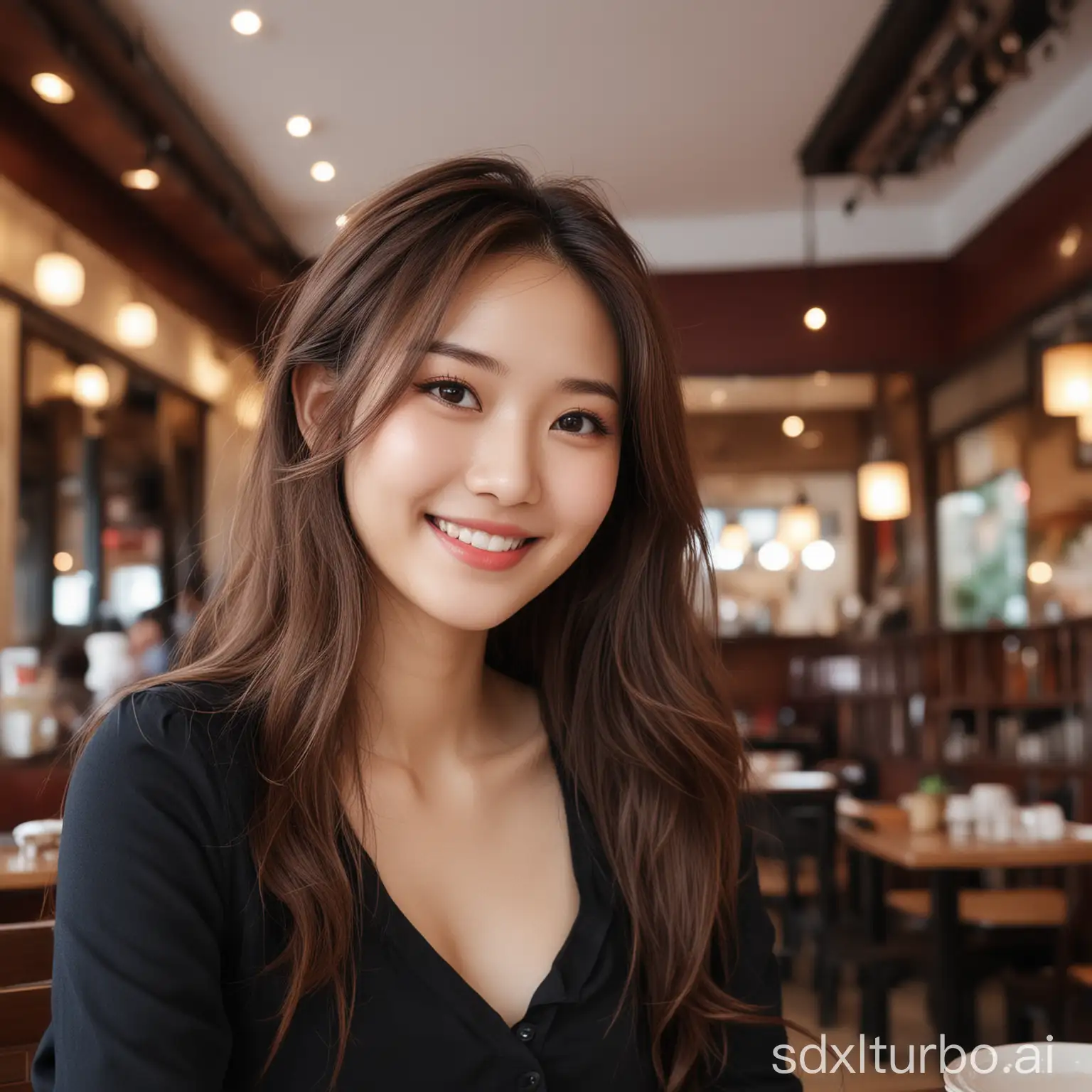 Chinese-Woman-with-Sweet-Smile-Sitting-in-a-Restaurant-Wavy-Hair-and-TightFitting-Shirt