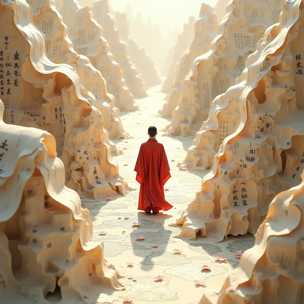 The paper covered with Chinese calligraphy piled up like a mountain road covered with full screen, and in the center stood a man in red Hanfu, three-dimensional, overhead shooting, panoramic, fantasy --ar 4:5