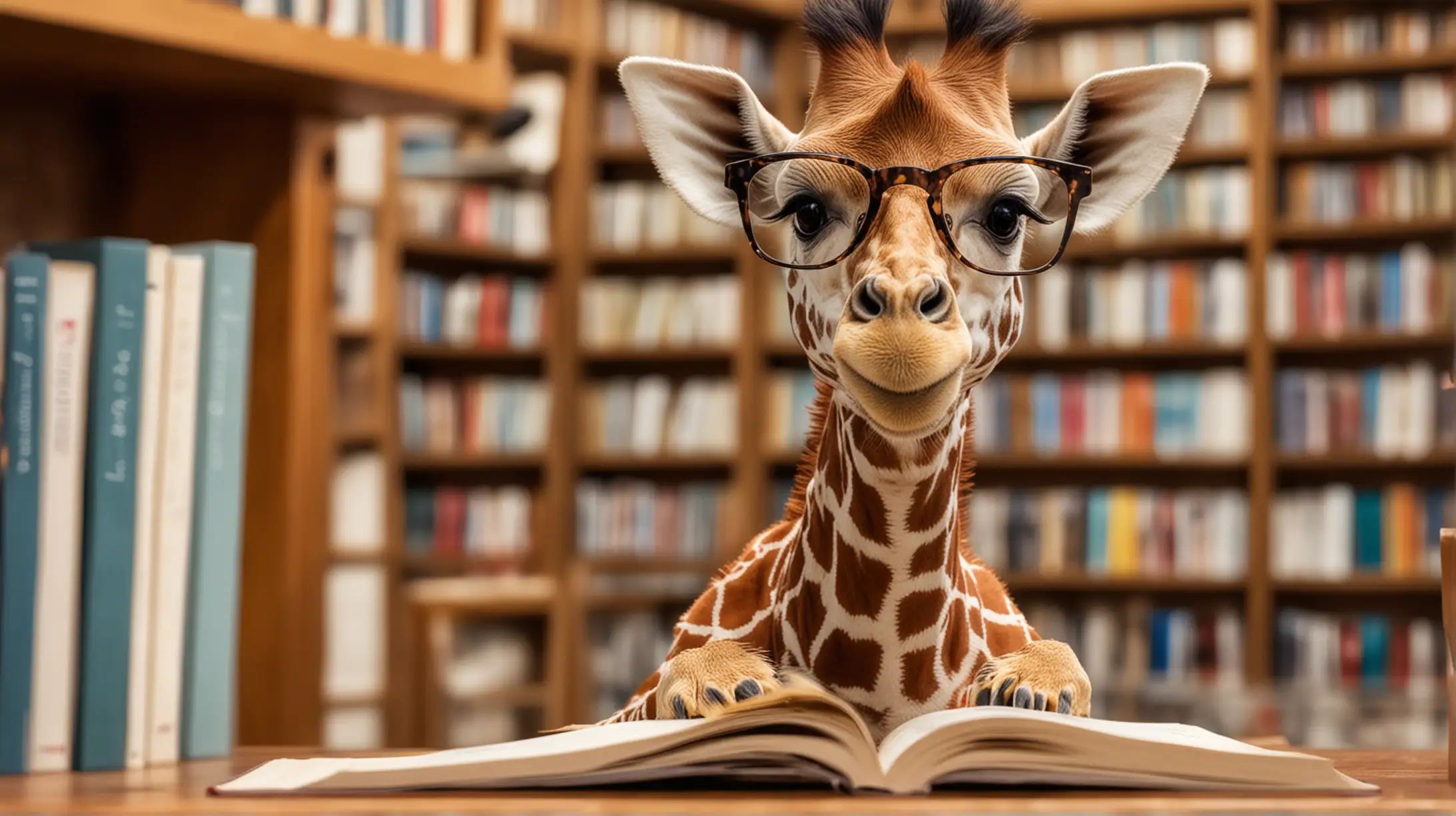 Happy Baby Giraffe with Glasses in Bookstore