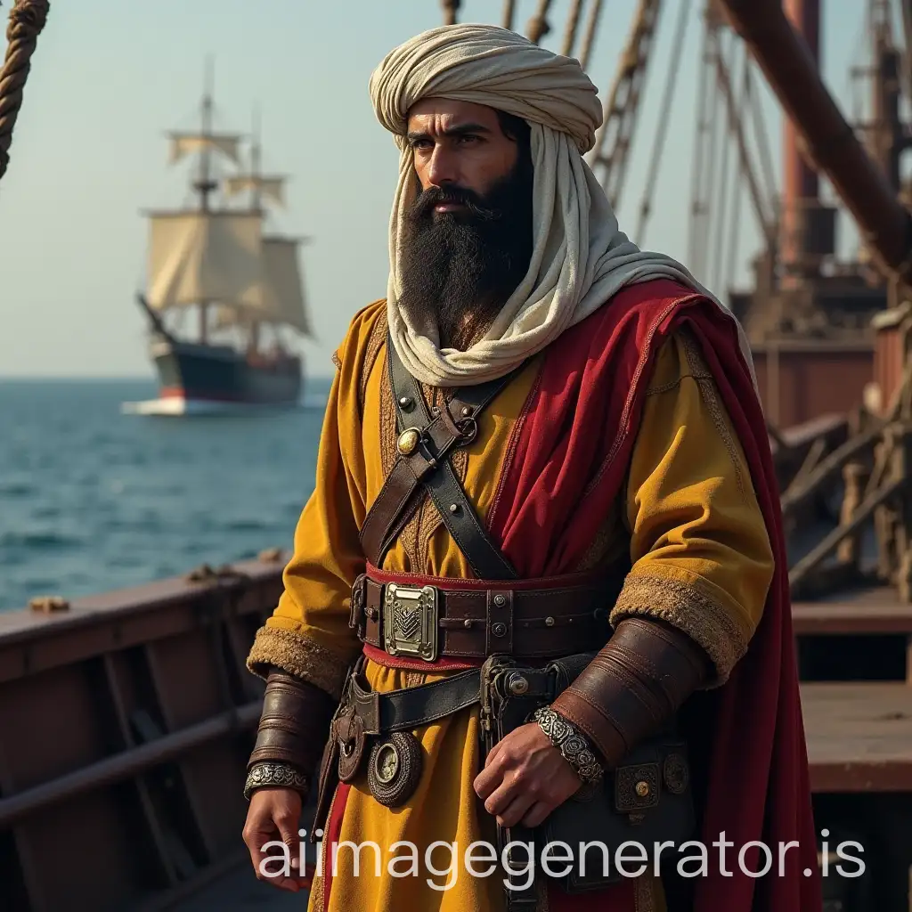 A seasoned Muslim naval artillery commander from a fantasy-historical Islamic fleet — known as the “Faris al-Midfa’” — stands confidently on the artillery deck of a warship...