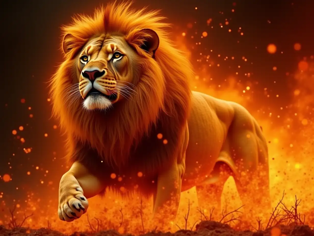 S ROARING LION  THRU  FIRE FOR THE LION OF jUDAH ADDING TEXT AT THE BOTTOM : LION OF JUDAH