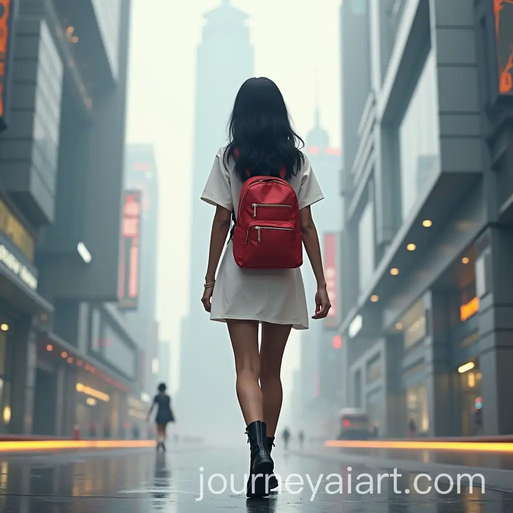 Young-Woman-Walking-in-Futuristic-City-with-Red-Backpack