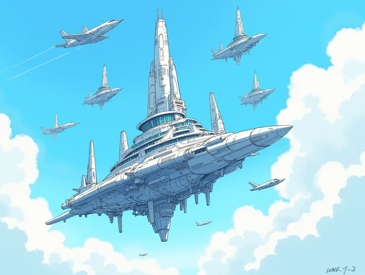 Mark pen drawing style, sci-fi artwork, futuristic multifunctional buildings floating in the air, background is blue sky with white clouds, with various aircrafts