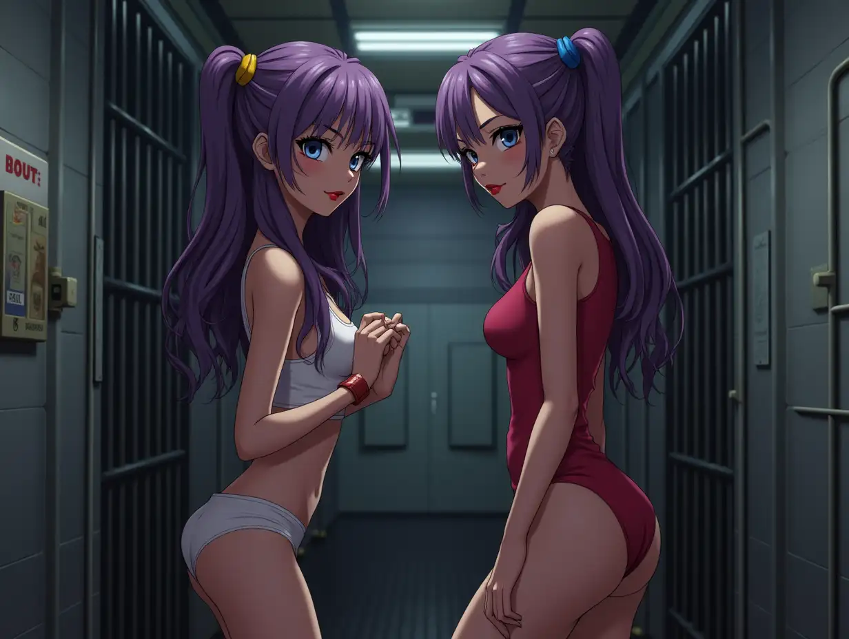 Two-Teen-Girls-in-Jail-Cell-with-Purple-Hair-and-Lipstick